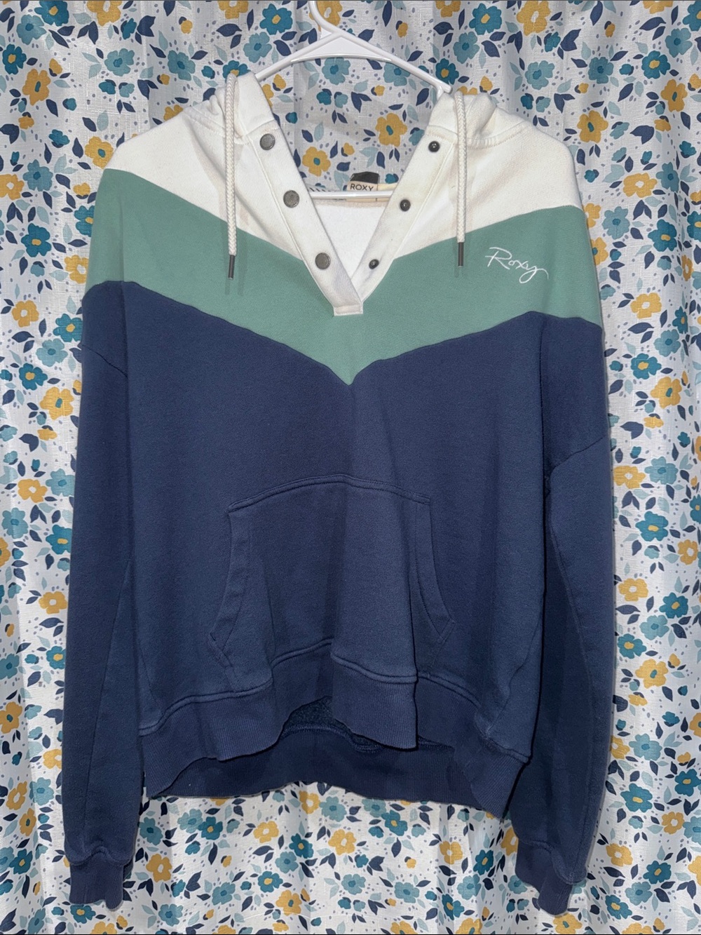 Roxy Colorblock Hooded Pullover in Navy, Mint & White